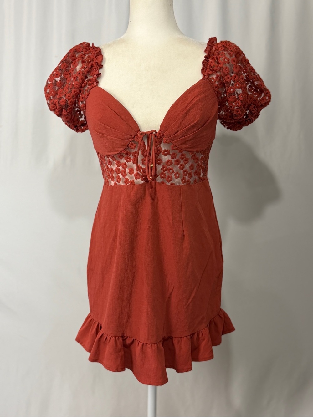 Angel Biba Sheer Floral Lace Mesh Bodice Puff Sleeve Dress Medium Fairycore Boho